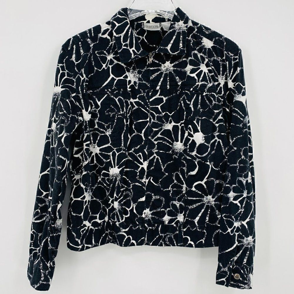 Chico's Size Medium Black & White Floral Long Sleeve Zip Up Shacket Top